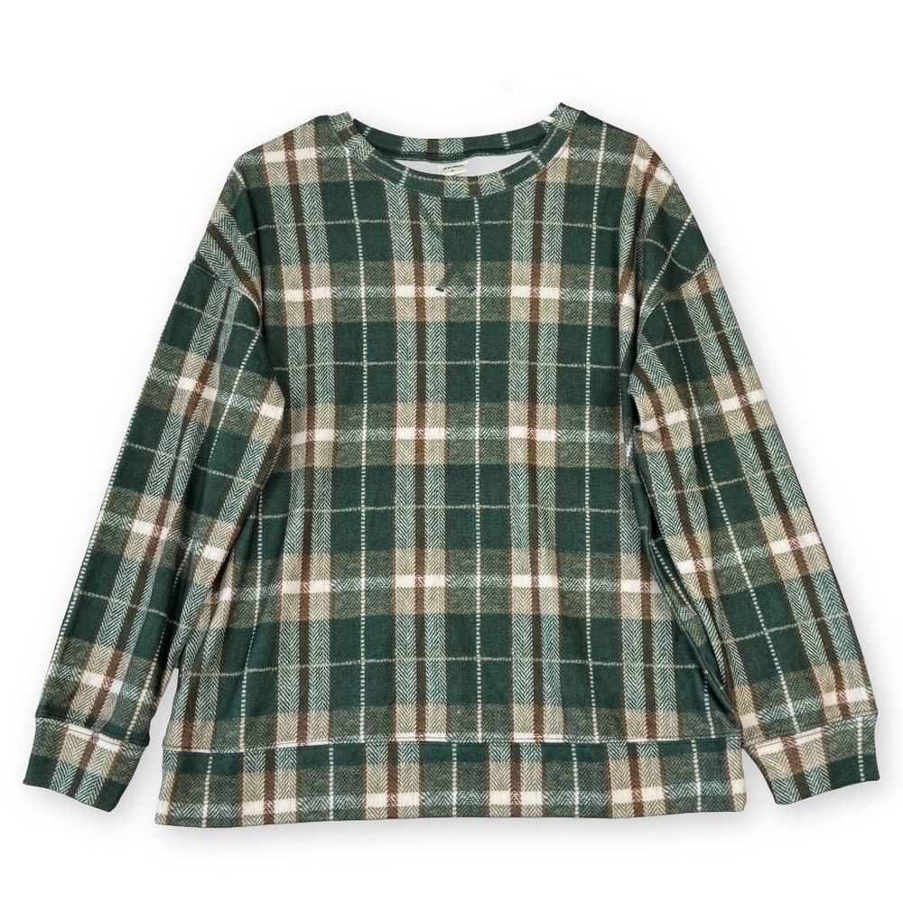Rumia Green Plaid Crewneck Sweatshirt Women Medium Fleece Lined Drop Shoulder